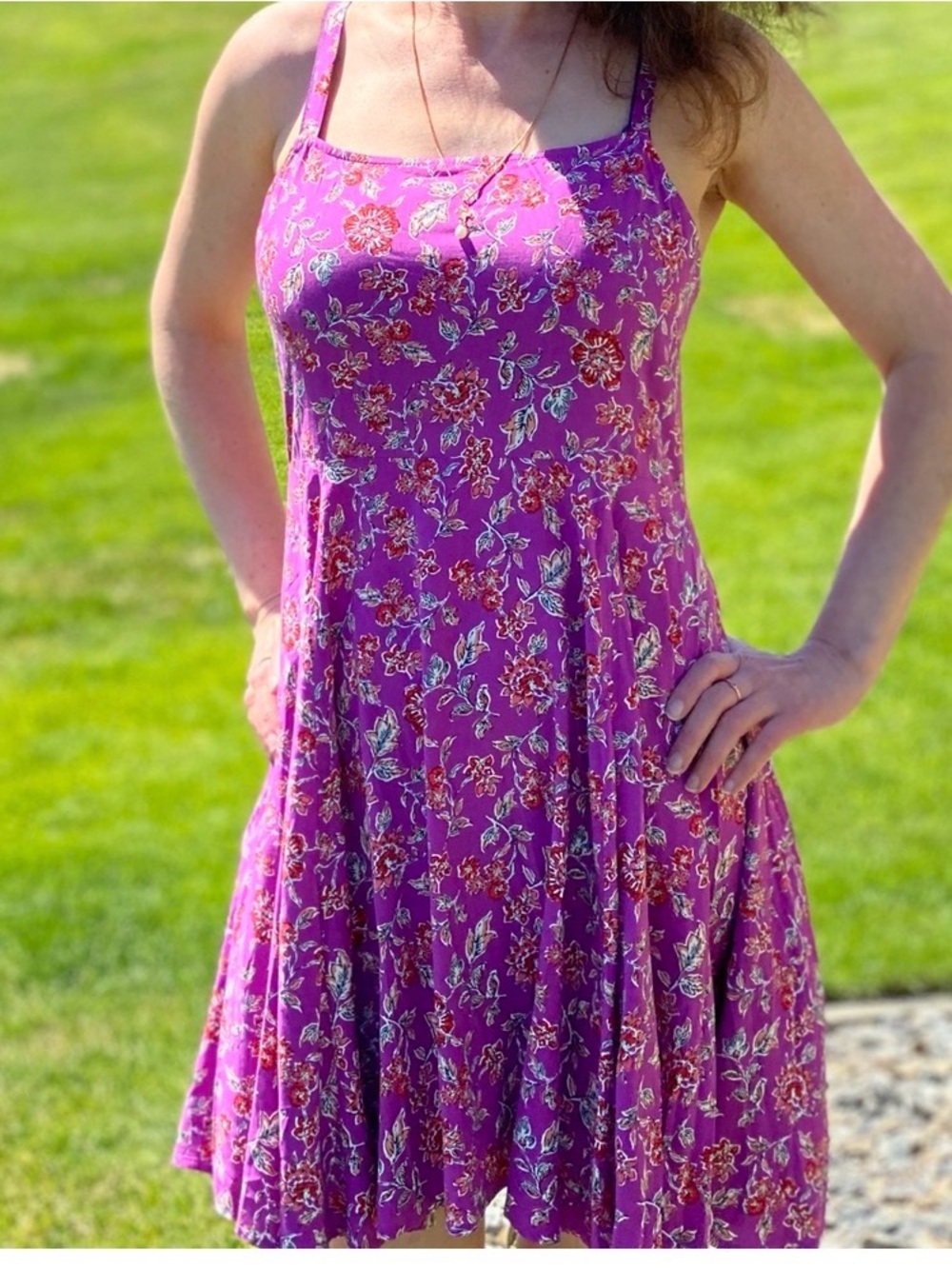 Purple Floral Mini Dress spaghetti straps.
